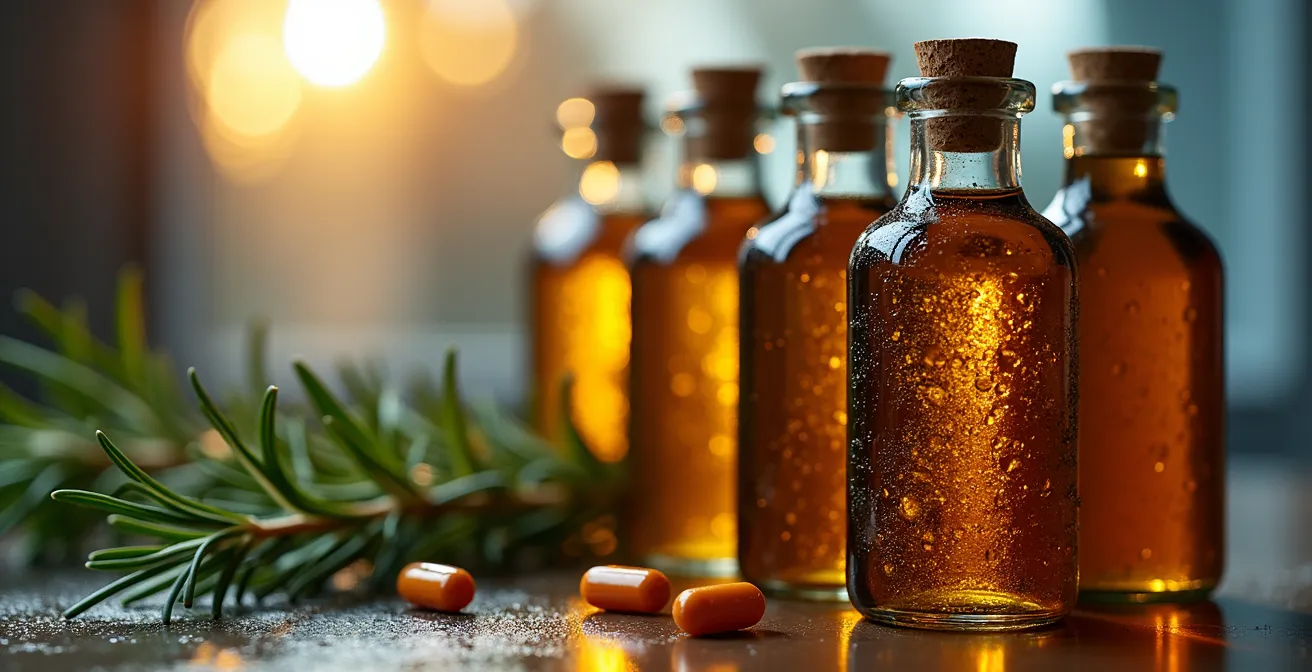 Dunkle Algenölflaschen, die zur Bewahrung der Frische im Kühlschrank gelagert werden.