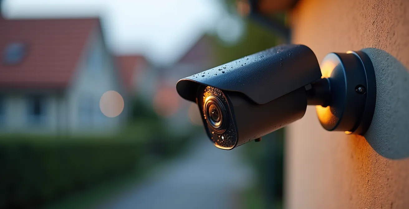 Nahaufnahme einer Smart-Home-Außenkamera mit digitaler Privatsphärenzone