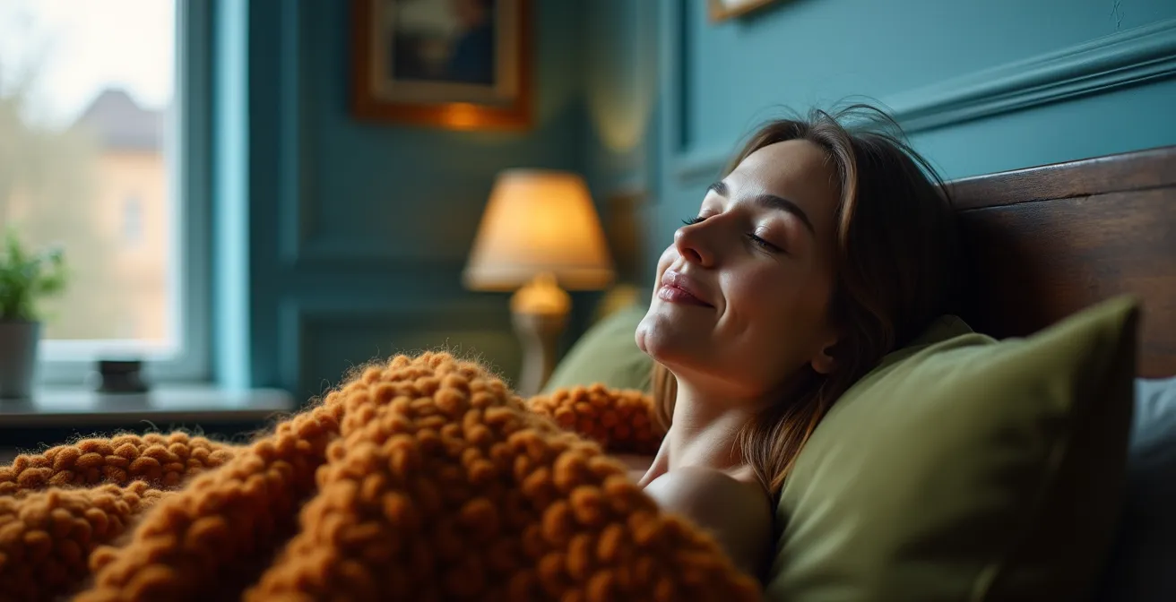 Gemütliches blaues Schlafzimmer mit warmen Akzenten in einem Nordzimmer