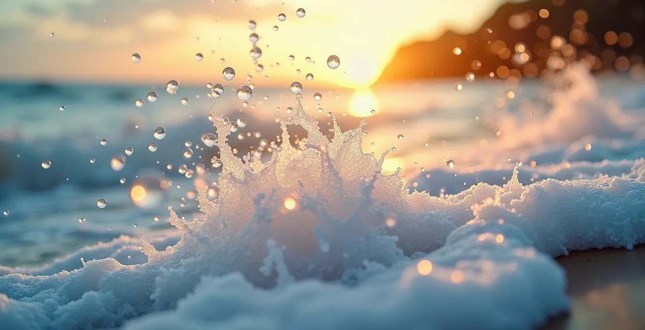 Salzwassertröpfchen in der Brandungsluft, die als natürliche Inhalation am Meer dienen und tief in die Bronchien eindringen.
