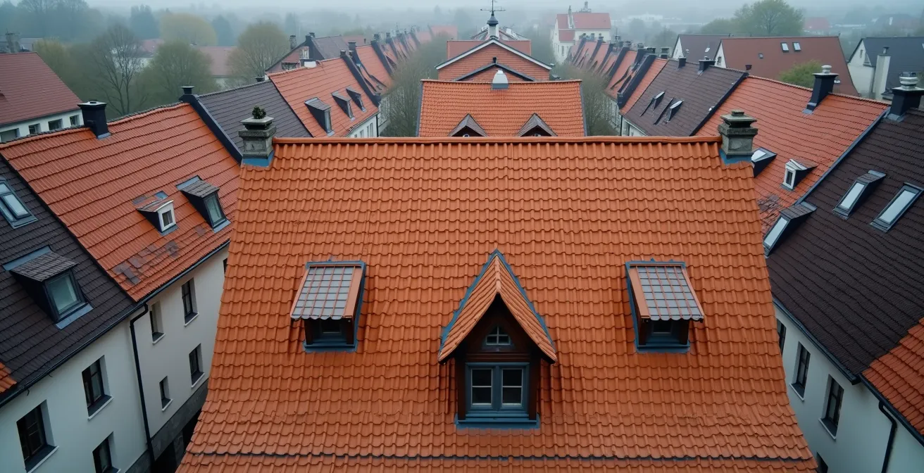 Weitwinkelaufnahme eines deutschen Altbau-Dachs mit Ziegeln und Dachfenstern