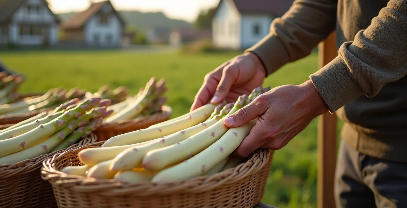 Spargelstand mit frisch gestochenen weißen Stangen auf deutschem Bauernhof