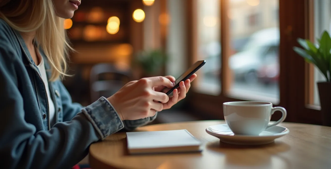 Eine alleinreisende Frau sitzt in einem gemütlichen Café und nutzt ihr Smartphone, um ihre Reiseroute sicher zu planen und zu kommunizieren.