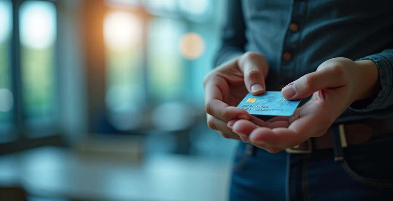 Hand hält deutschen Personalausweis mit NFC-Chip vor digitalem Hintergrund