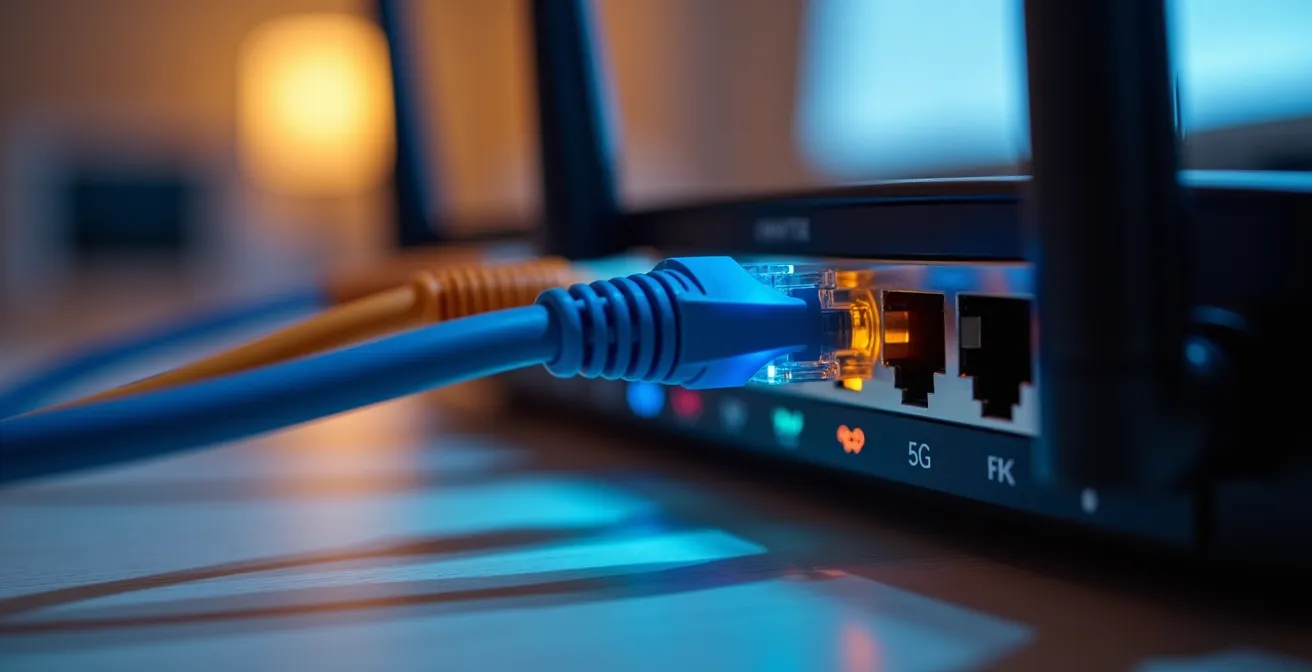Nahaufnahme der Anschlüsse eines Dual-WAN-Routers, der ein ausfallsicheres Home-Office-Setup mit Glasfaser- und 5G-Backup ermöglicht.