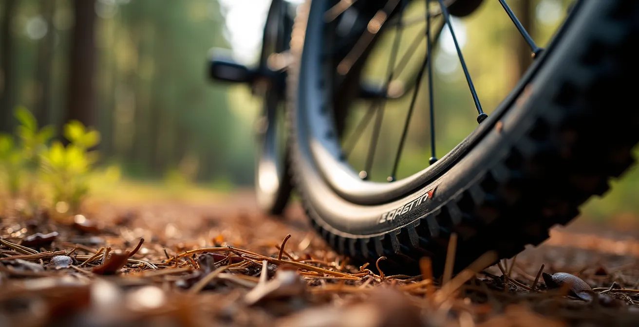 E-MTB-Fahrer demonstriert schonende Bremstechnik auf deutschem Waldweg