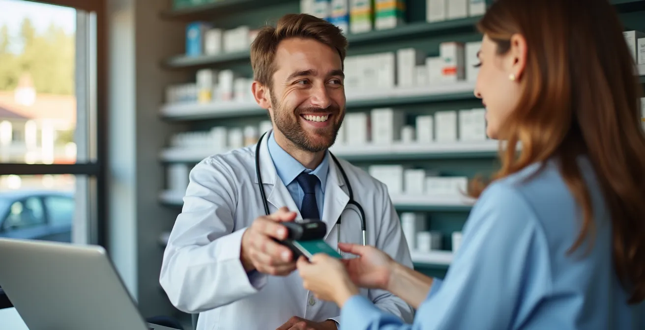 Apothekerin scannt elektronische Gesundheitskarte am Kartenterminal in moderner deutscher Apotheke