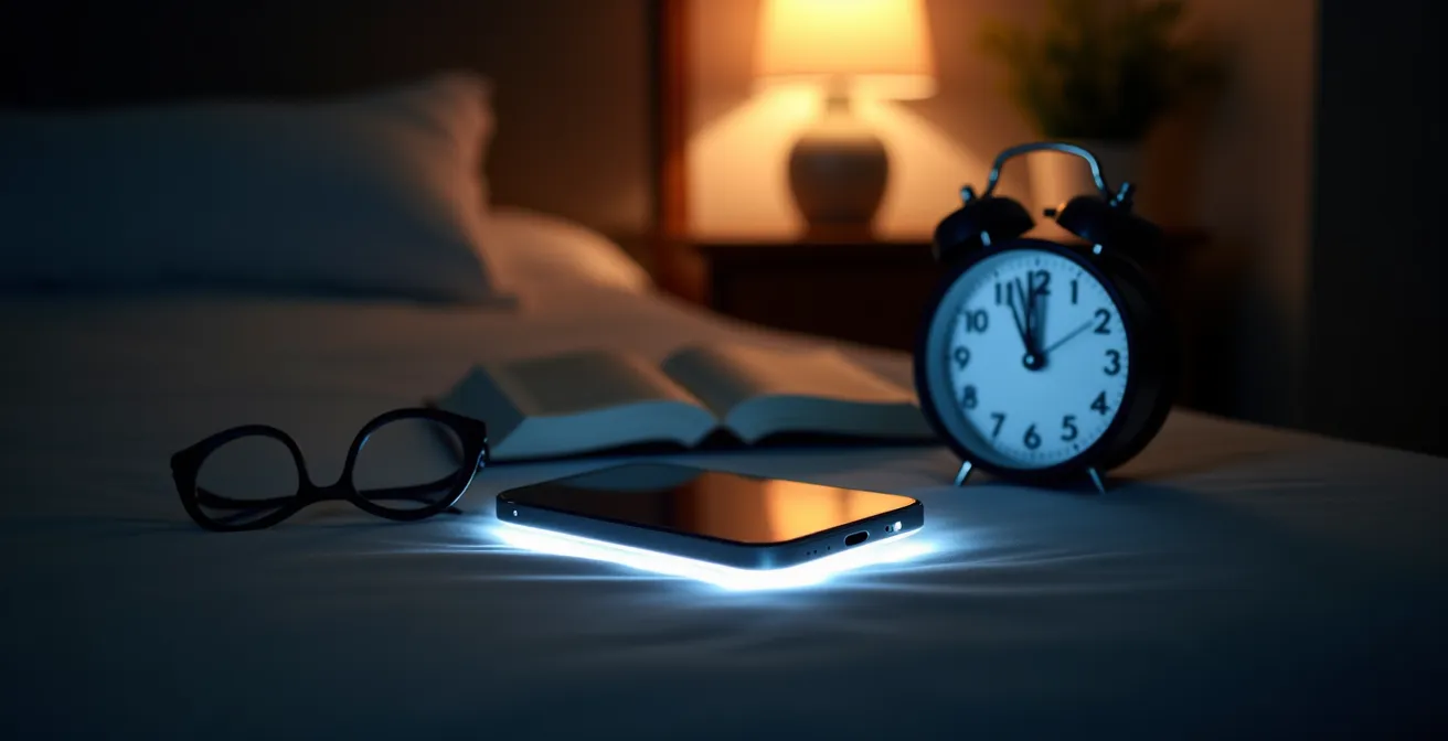 Smartphone auf Nachttisch mit Benachrichtigungen im Dunkeln, symbolisiert die Schwierigkeit, nach Feierabend abzuschalten.