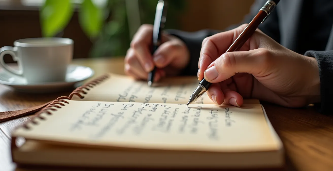 Nahaufnahme von Händen beim Schreiben in ein hochwertiges Notizbuch