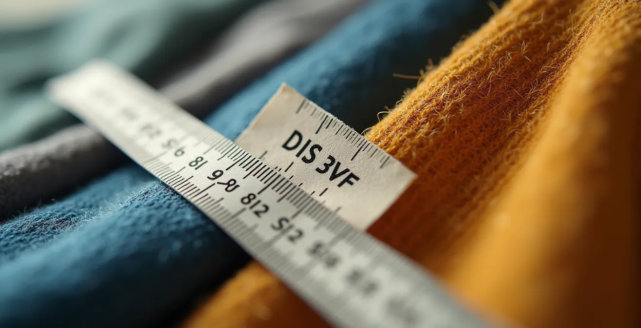 Makroaufnahme von Größenetiketten verschiedener Marken im Vergleich