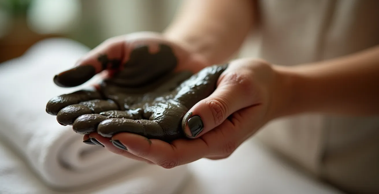 Nahaufnahme von Händen, die eine therapeutische Schlickpackung erhalten, um die mineralreiche Heilerde aufzunehmen.