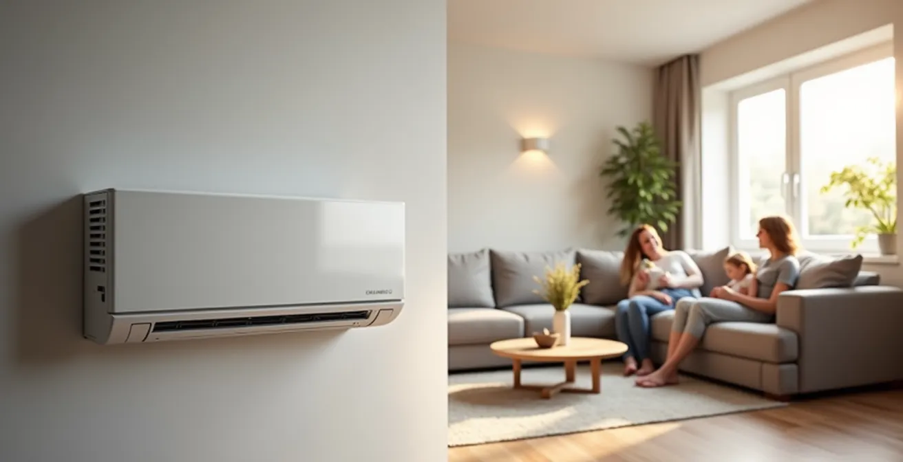 Modernes Wohnzimmer mit neuer Wärmepumpe und Familie im Hintergrund