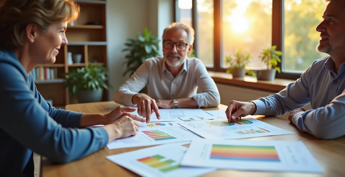 Energieberater mit Hausbesitzer bei Beratungsgespräch über Sanierungsfahrplan