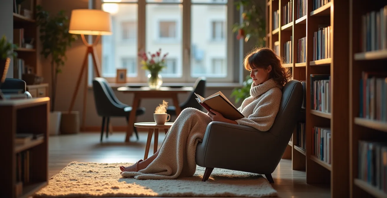 Gemütliche Leseecke in modernem offenem Wohnbereich mit Prospect-Refuge-Prinzip