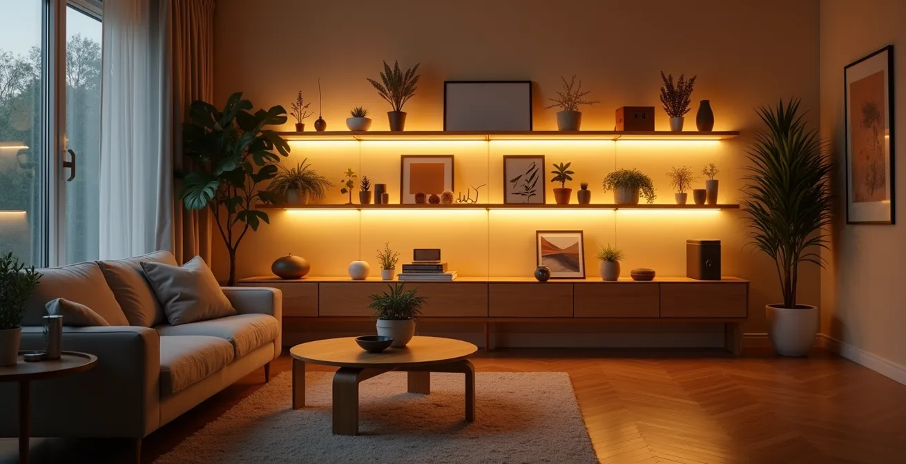 Gemütliches Wohnzimmer mit warmweißer indirekter LED-Beleuchtung