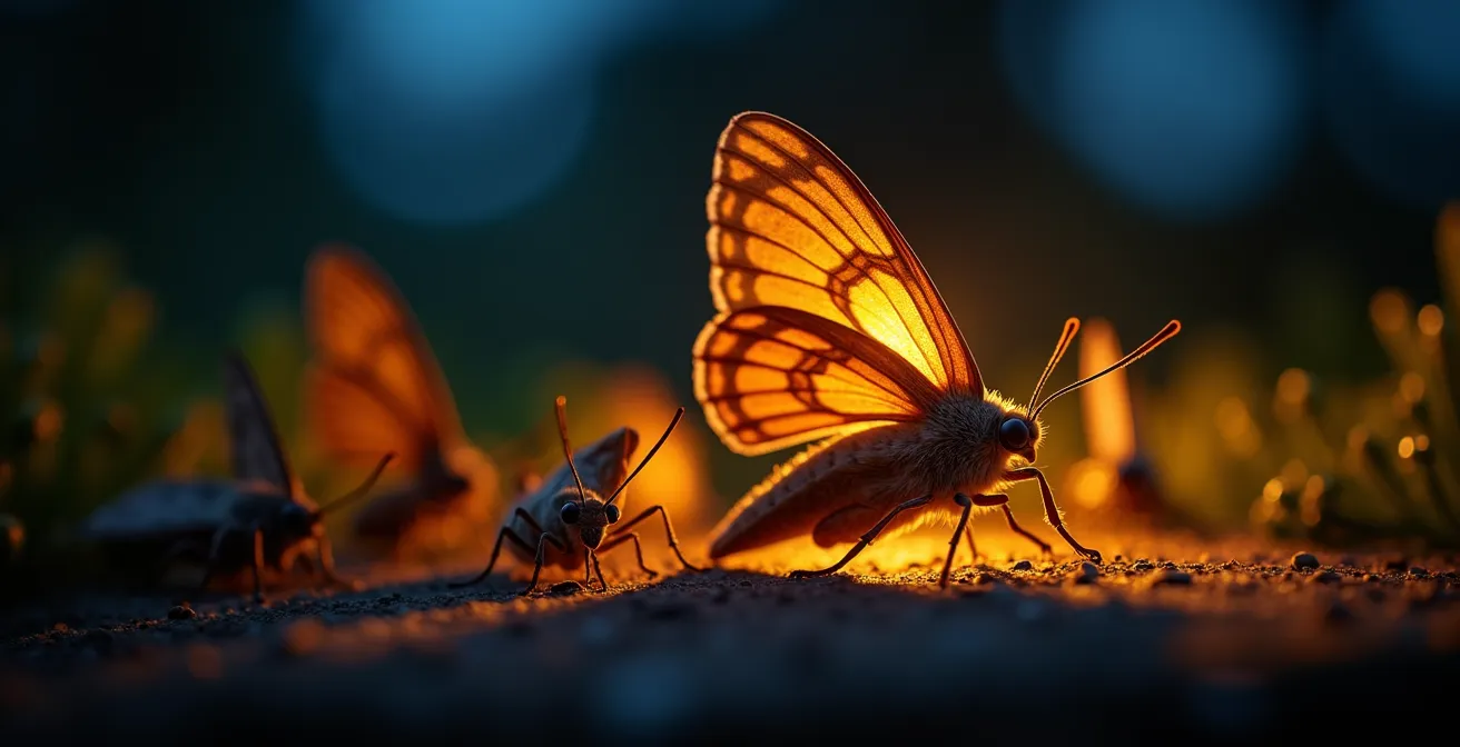 Gartenbeleuchtung mit warmweißem Licht und Insekten in der Dämmerung