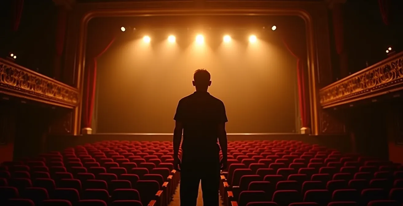 Leere Zuschauerränge in einem kleinen Stadttheater, ein Techniker justiert Scheinwerfer auf der Bühne.