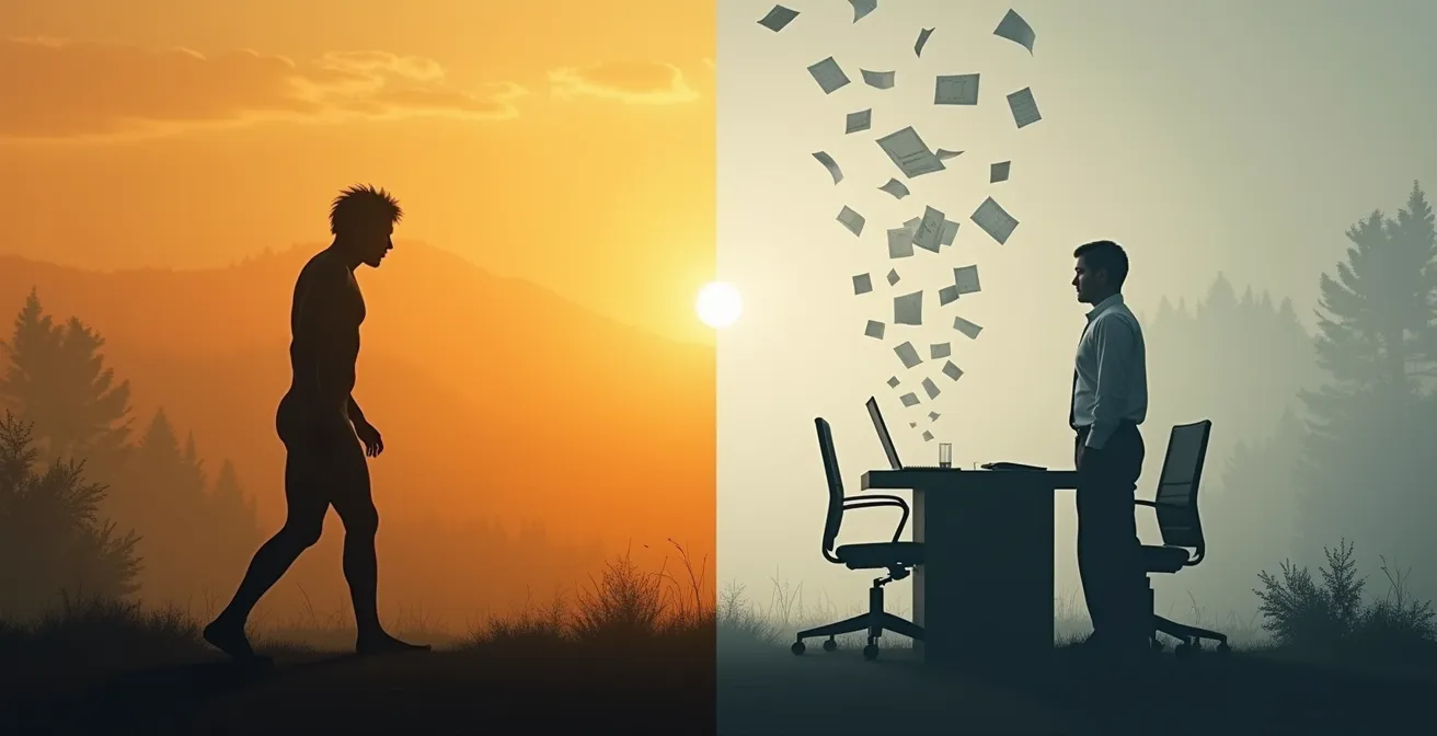 Evolutionäre Stressreaktion und moderne Bauchfettspeicherung visualisiert