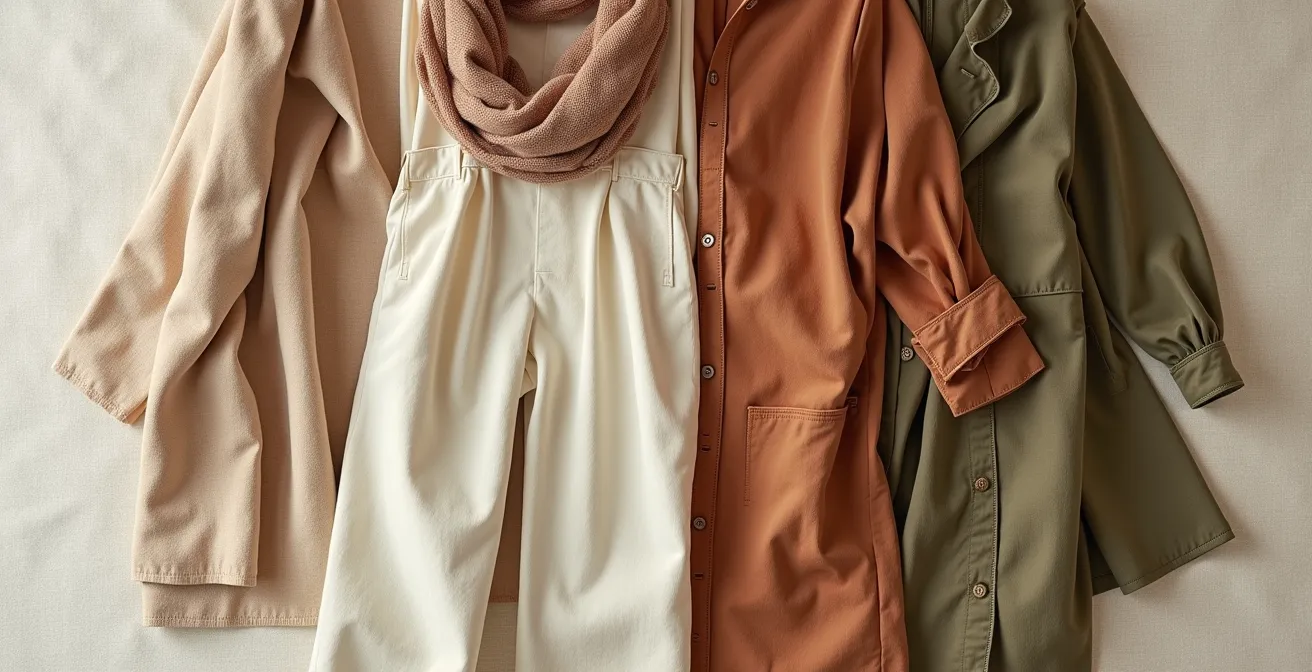 Durchdacht arrangierte Reisegarderobe mit vielseitigen Kleidungsstücken wie einem Schal, einer weiten Hose und einer Tunika.