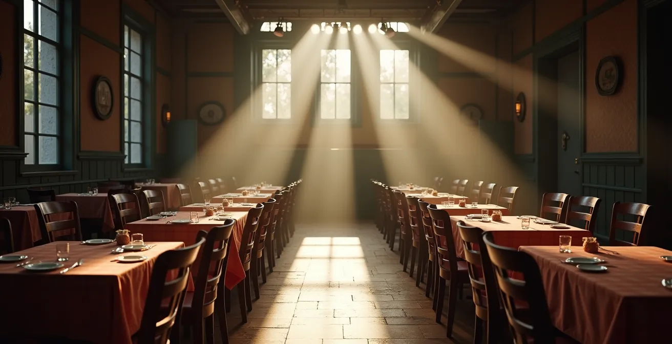 Verlassener historischer Gasthof-Saal mit leeren Stühlen