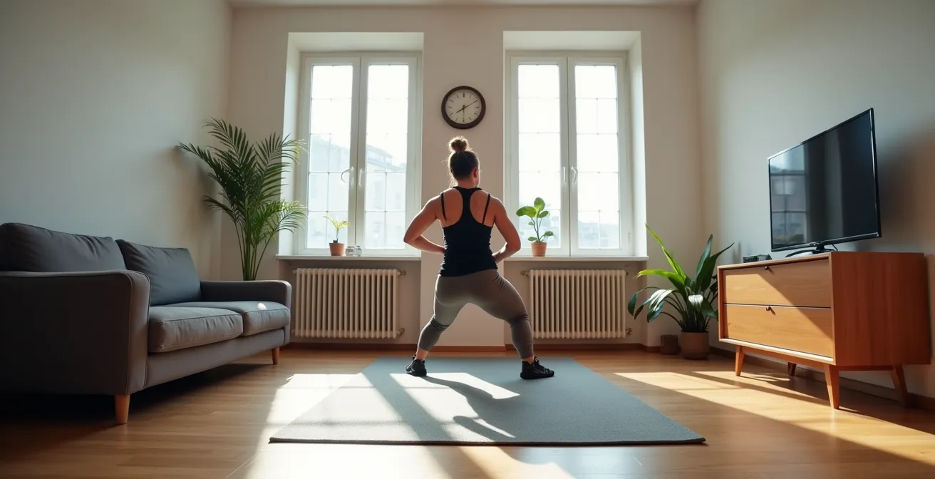 Nachbarfreundliche Low-Impact Burpee-Variation, bei der die Füße einzeln zurückgesetzt werden anstatt zu springen.