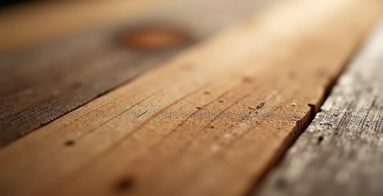 Nahaufnahme einer geschliffenen Weinkistenoberfläche mit sichtbarer Holzmaserung