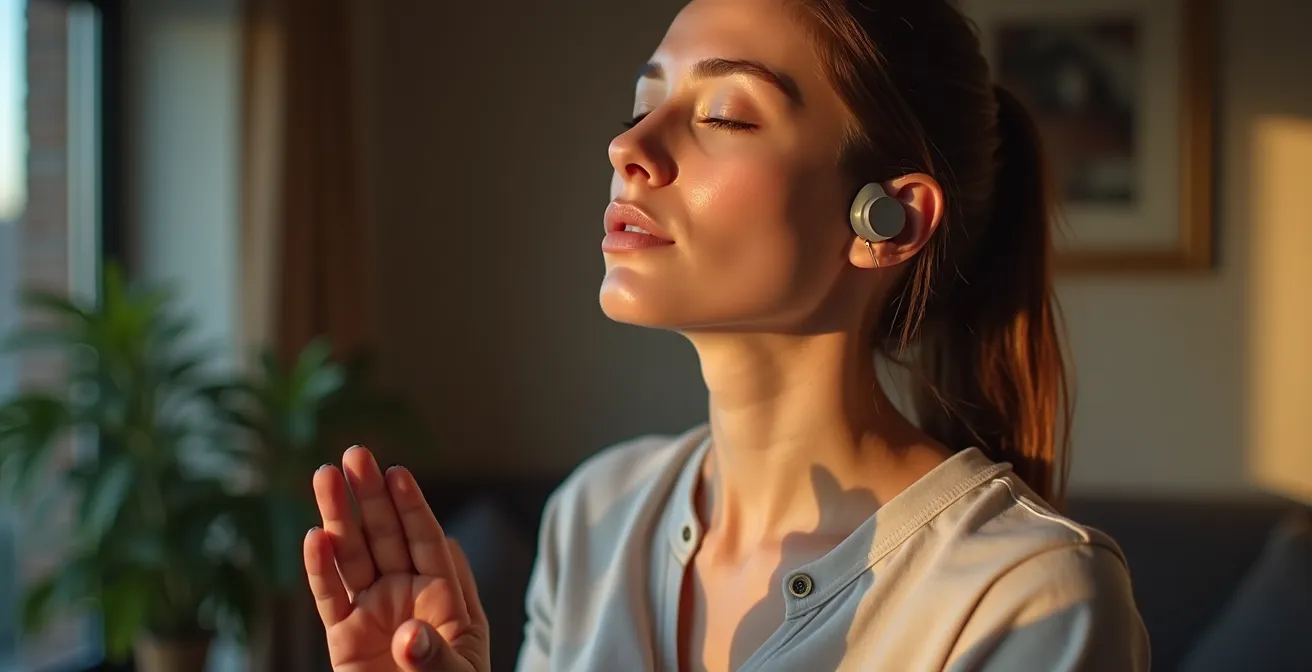 Person mit Kopfhörern in meditativer Haltung, umgeben von Symbolen für Stille und geführte Meditation