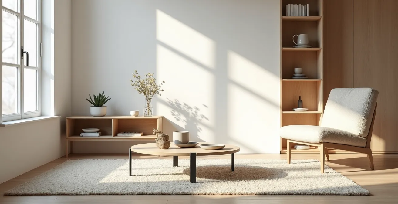 Moderne Wohnzimmergestaltung mit Bauhaus-Elementen und hyggeligen Holz-Woll-Akzenten