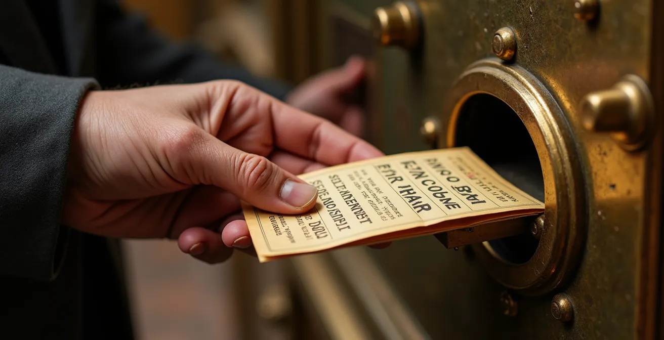 Nahaufnahme von Händen, die an einem historischen Museumsschalter Tickets austauschen.