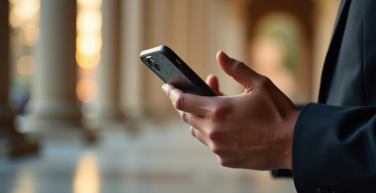 Hand hält Smartphone mit Zeitfenster-Buchung vor unscharfem Museumseingang