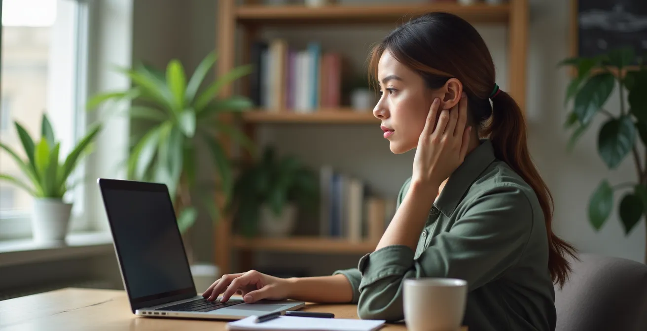 Person führt subtile Nackendehnung während Videokonferenz am Laptop aus
