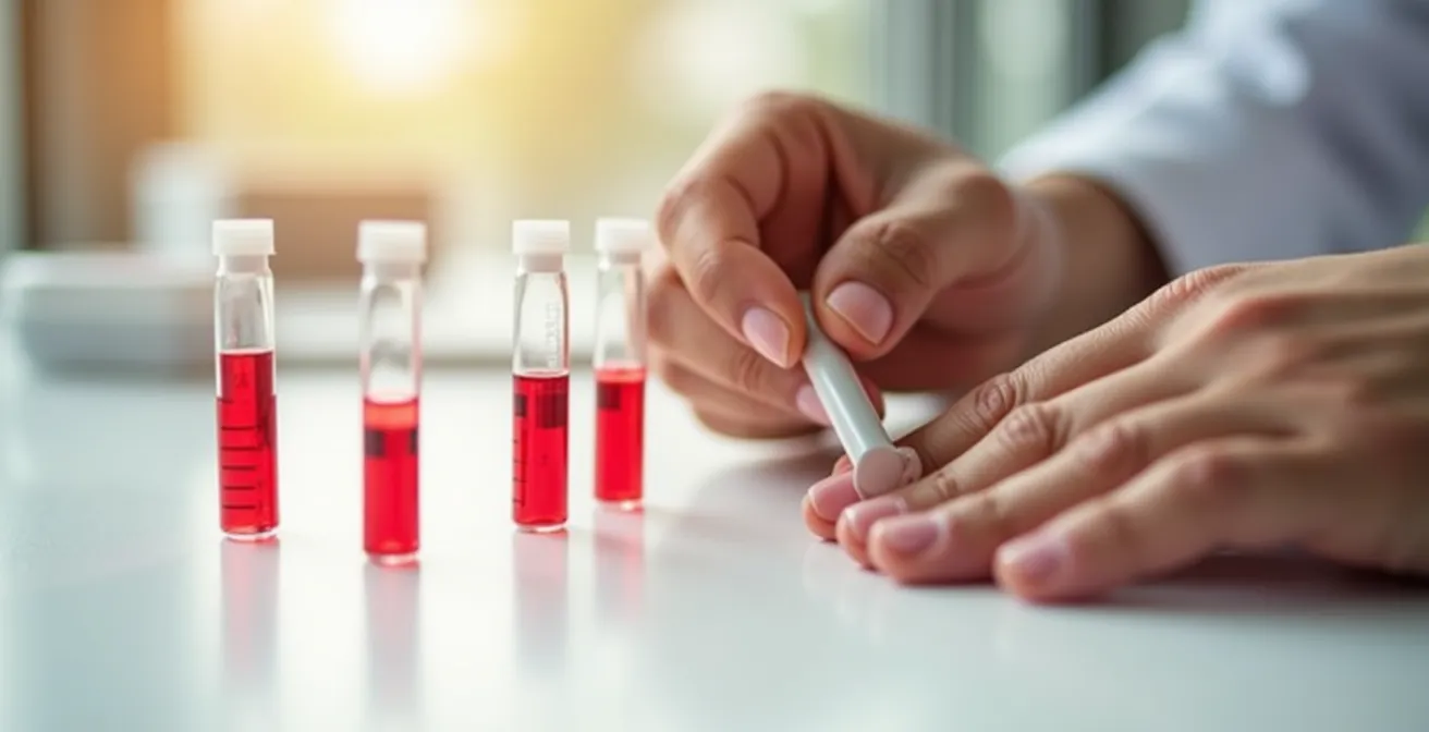 Ein Bluttest-Kit zur Messung des Omega-3-Index mit einer Lanzette und einem Probenröhrchen.