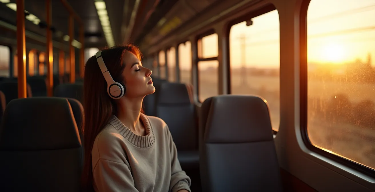 Ruhige Zugfahrt-Szene mit Person in meditativer Haltung am Fenster