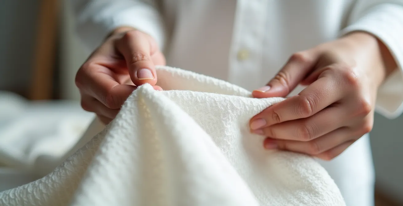 Detailaufnahme einer Stoffqualitätsprüfung mit sichtbarer Webstruktur und festen Nähten.