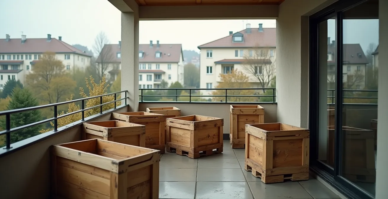 Weinkisten in Quarantäne auf überdachtem Balkon gelagert