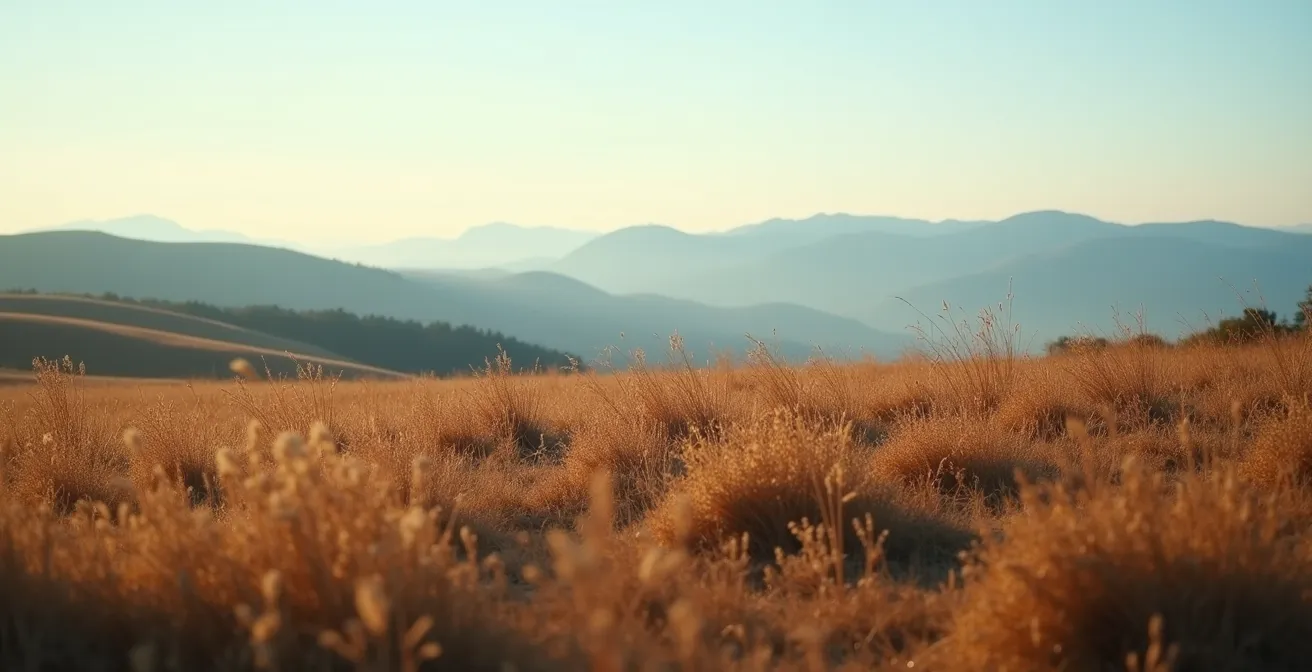 Weite Herbstlandschaft der Rhön mit goldenen Gräsern im Abendlicht
