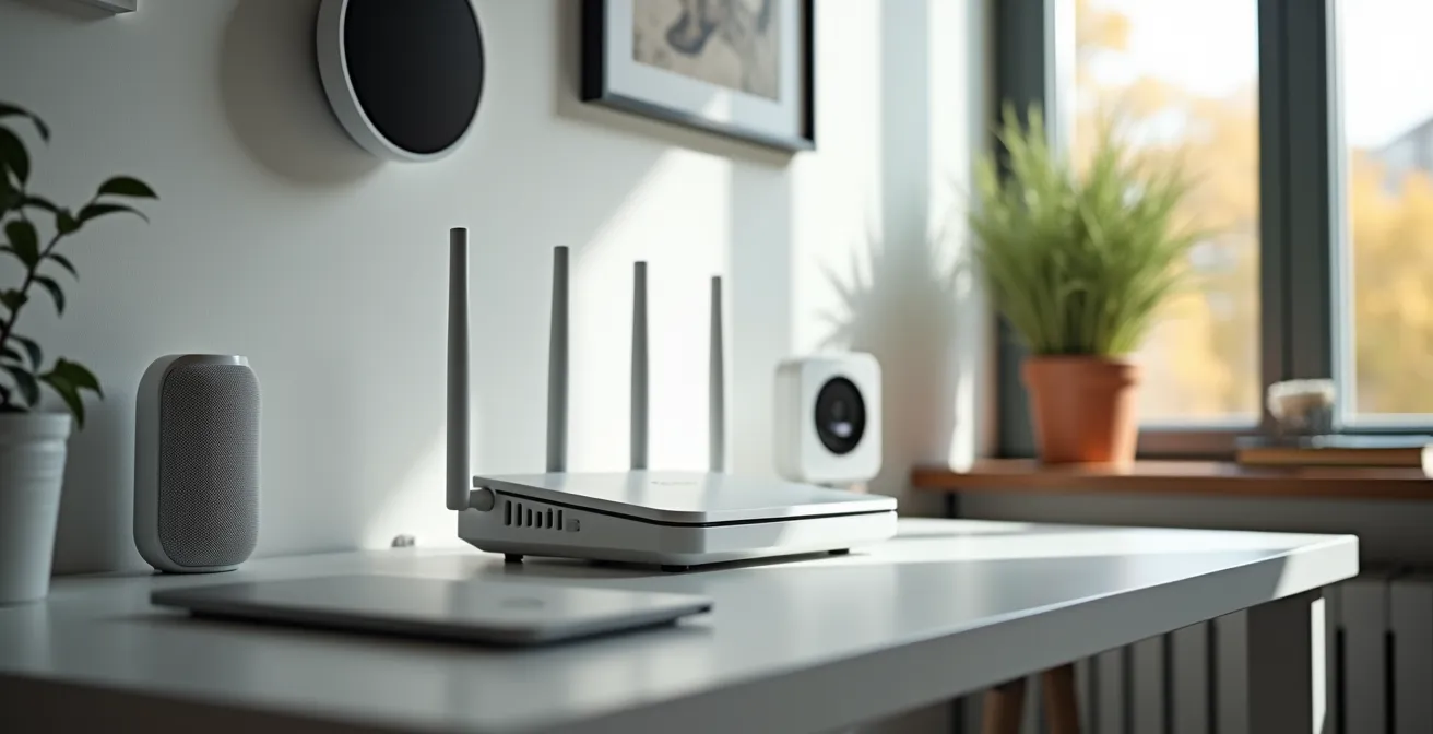 Weitwinkelaufnahme eines modernen Heimnetzwerk-Setups mit Router und Smart-Home-Geräten