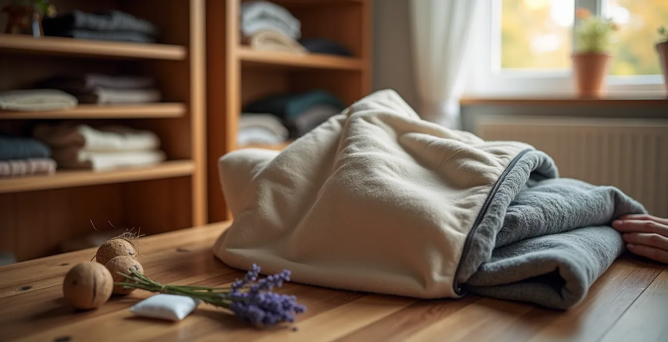 Ordentlich eingelagerte Winterkleidung in Vakuumbeuteln und Zedernholzboxen in einem aufgeräumten Schrank.