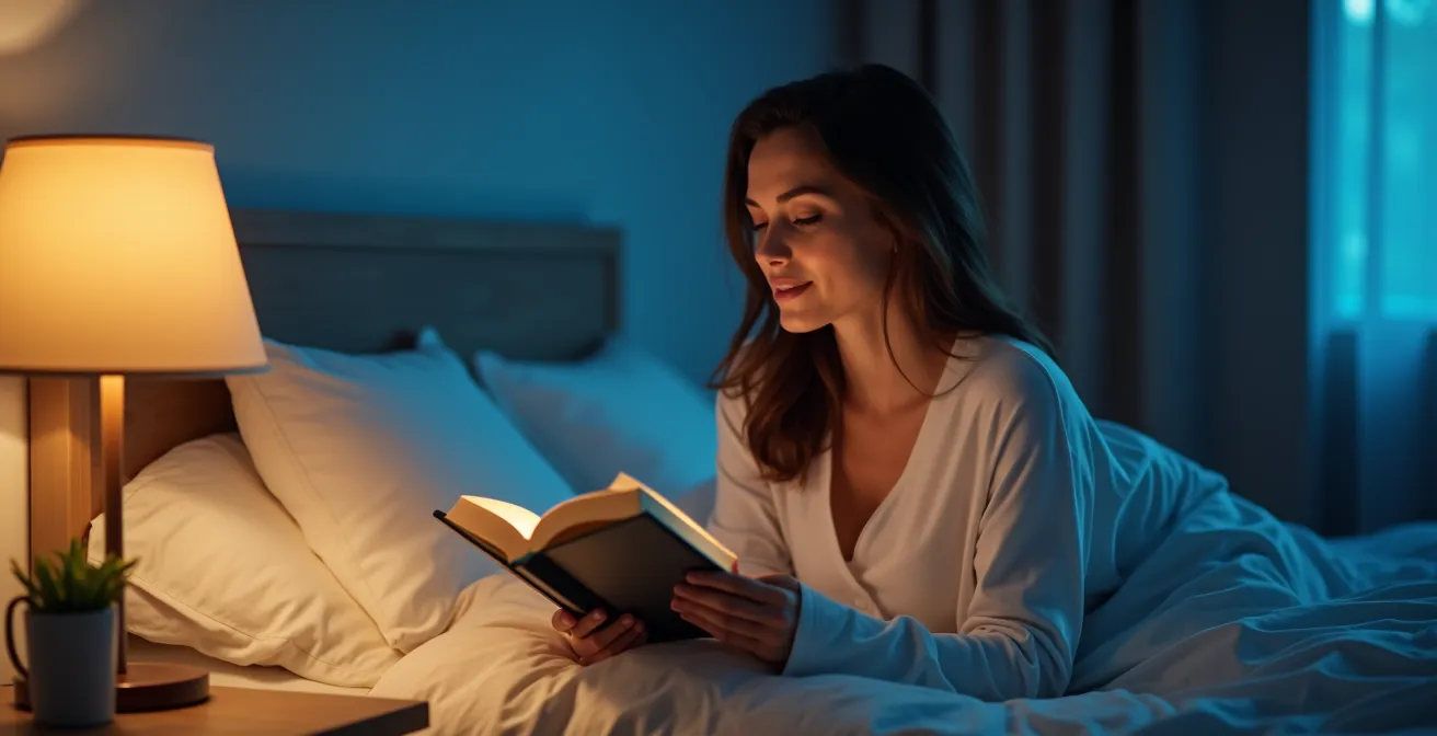 Ruhiges Schlafzimmer mit blauer Wand und warmweißer LED-Beleuchtung