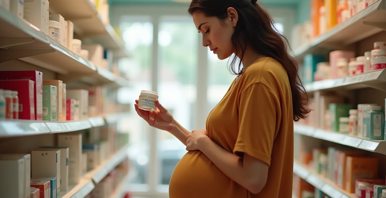Schwangere Frau prüft Kosmetikprodukte im deutschen Drogeriemarkt