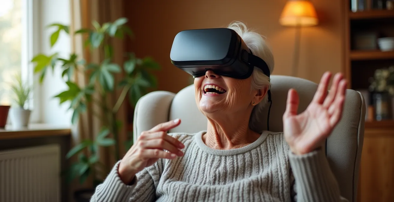 Ältere Person im Rollstuhl mit VR-Brille lächelt während virtueller Reise