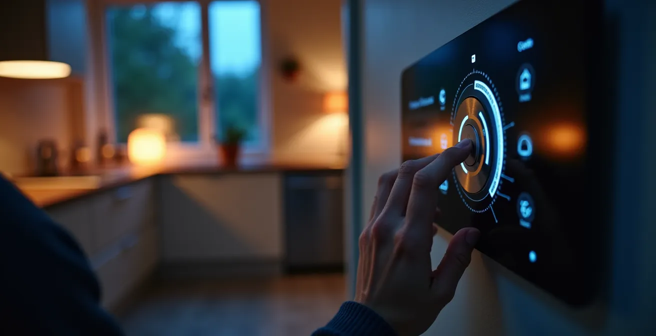 Smart-Home-Zentrale bei Nacht mit visualisierter Stromtarif-Optimierung