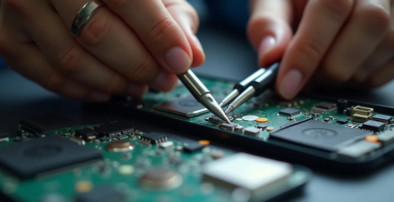 Nahaufnahme von Händen bei der Smartphone-Reparatur mit Werkzeugen