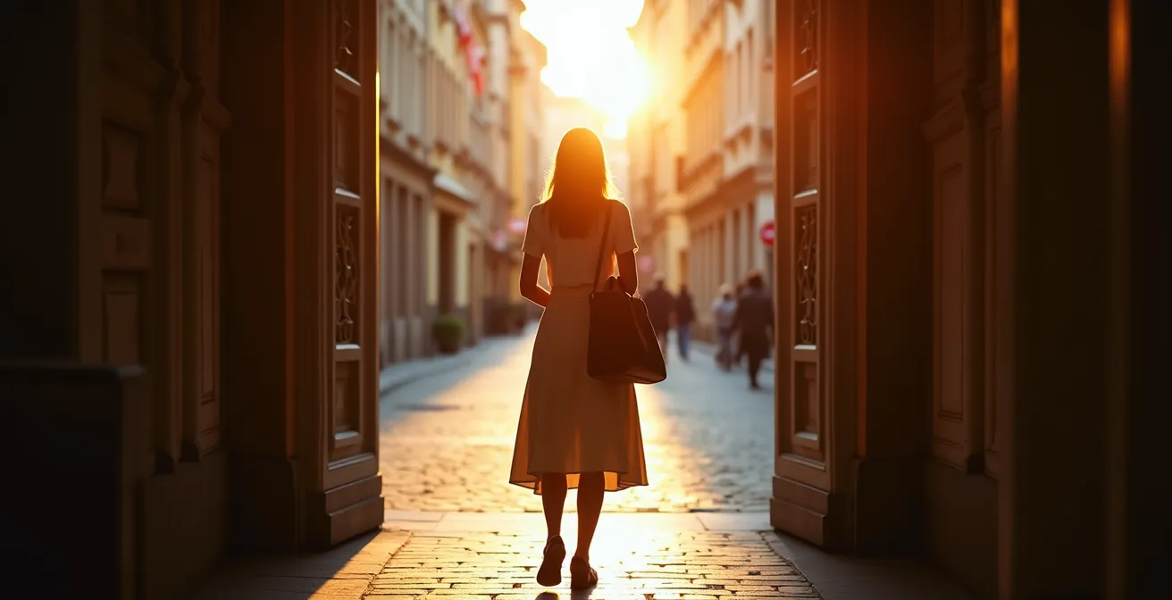 Selbstbewusste Reisende erkundet Boutique in fremder Stadt