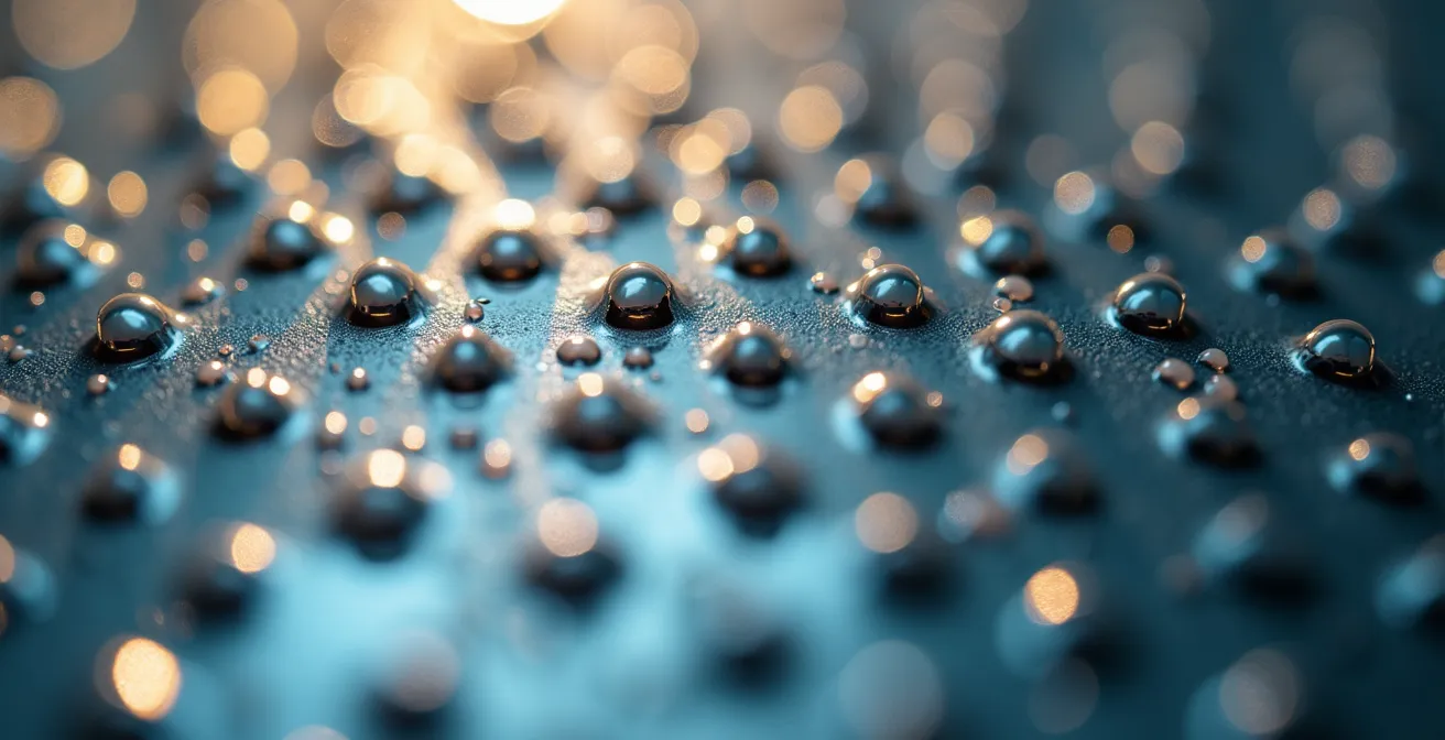 Nahaufnahme eines modernen Sparduschkopfes mit Wassertropfen