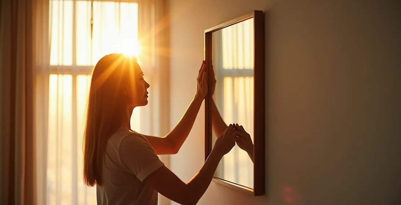 Minimalistischer Raum mit strategisch platziertem Wandspiegel neben Fenster