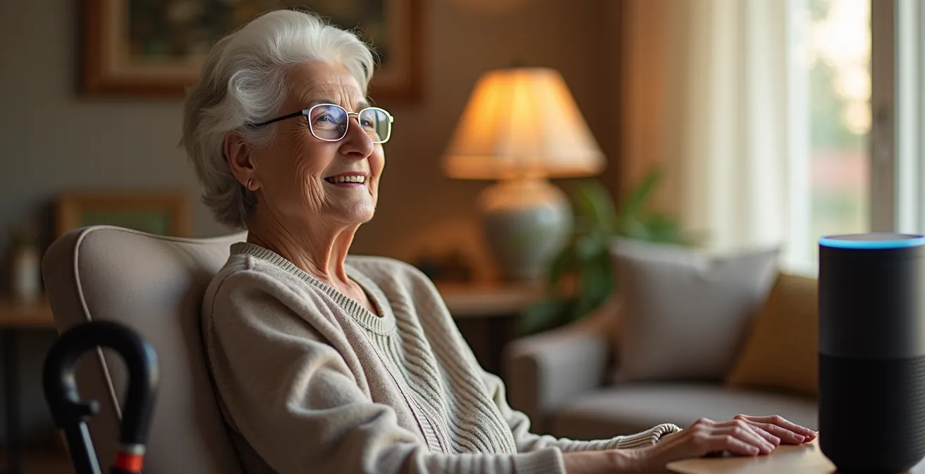 Seniorin nutzt Sprachassistenten für eine barrierefreie Steuerung ihres Zuhauses und bewahrt ihre Selbstständigkeit.