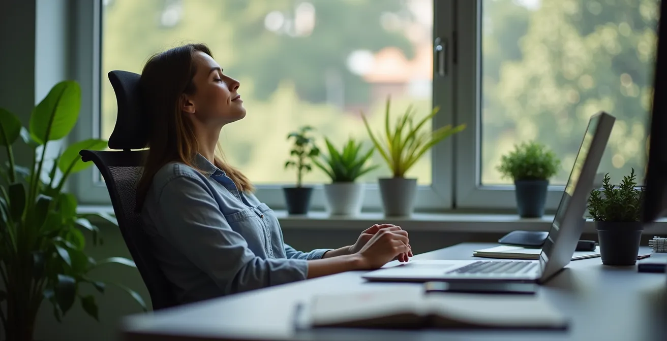 Eine Person sitzt ruhig an einem aufgeräumten Schreibtisch mit geschlossenen Augen, um in einer kurzen Pause die kognitive Leistung zu steigern.