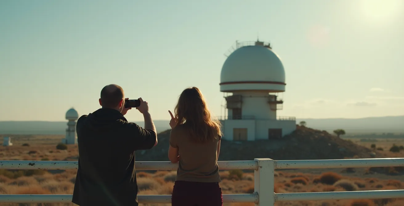 Besucher auf offiziellem Aussichtspunkt mit Blick auf verfallene Radarstation