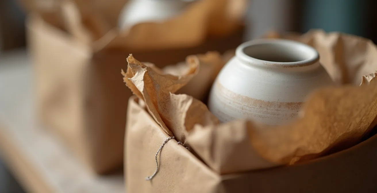 Verpackte Töpferwaren bereit zum Versand mit Dokumenten